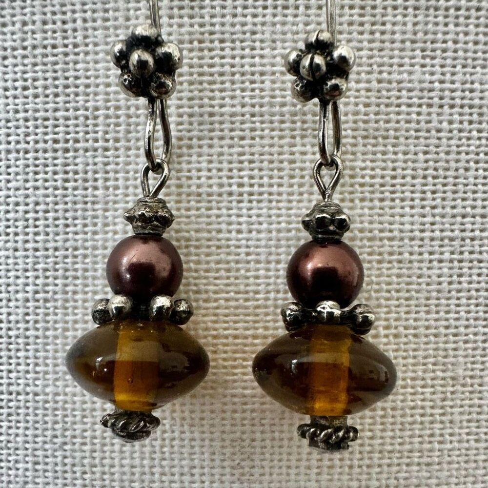 Handmade Boho Amber Glass & faux Pearl Drop Earrings